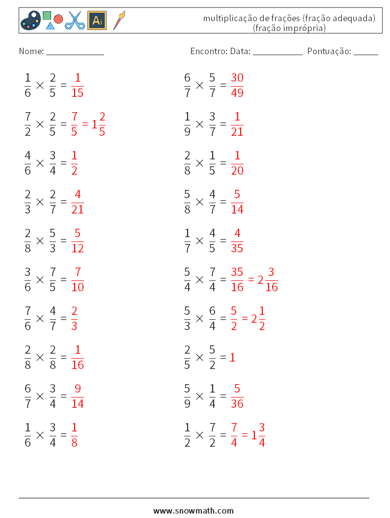 (20) multiplicação de frações (fração adequada) (fração imprópria) planilhas matemáticas 10 Pergunta, Resposta