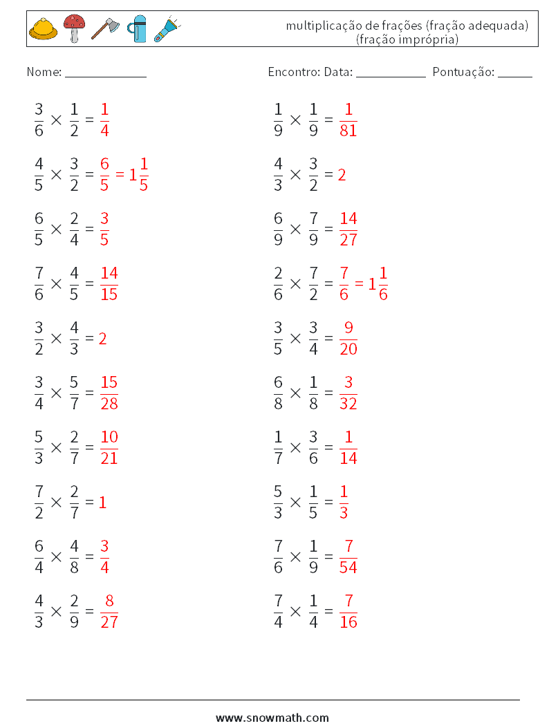 (20) multiplicação de frações (fração adequada) (fração imprópria) planilhas matemáticas 11 Pergunta, Resposta