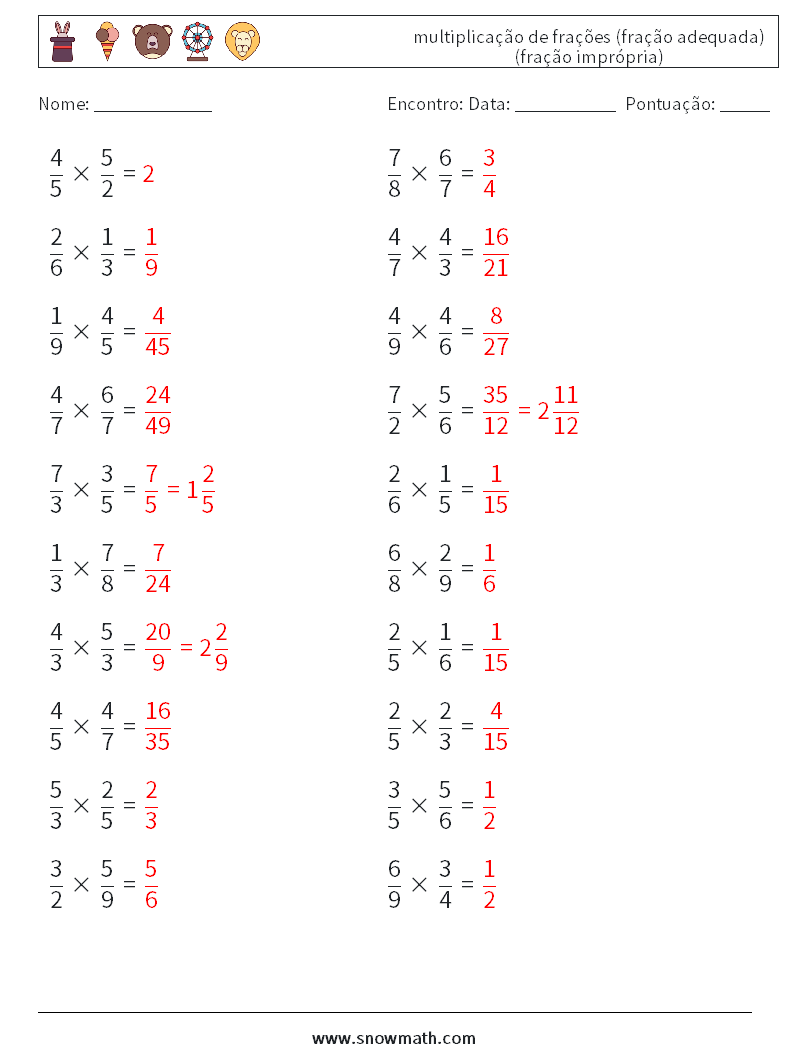 (20) multiplicação de frações (fração adequada) (fração imprópria) planilhas matemáticas 12 Pergunta, Resposta