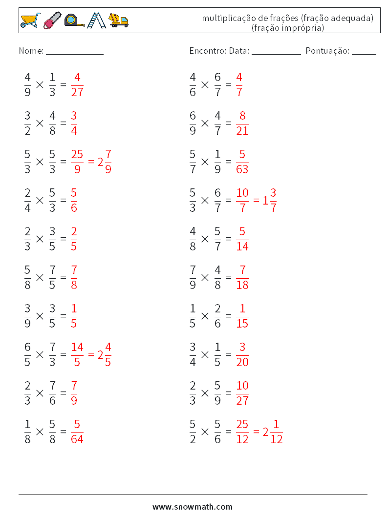 (20) multiplicação de frações (fração adequada) (fração imprópria) planilhas matemáticas 13 Pergunta, Resposta