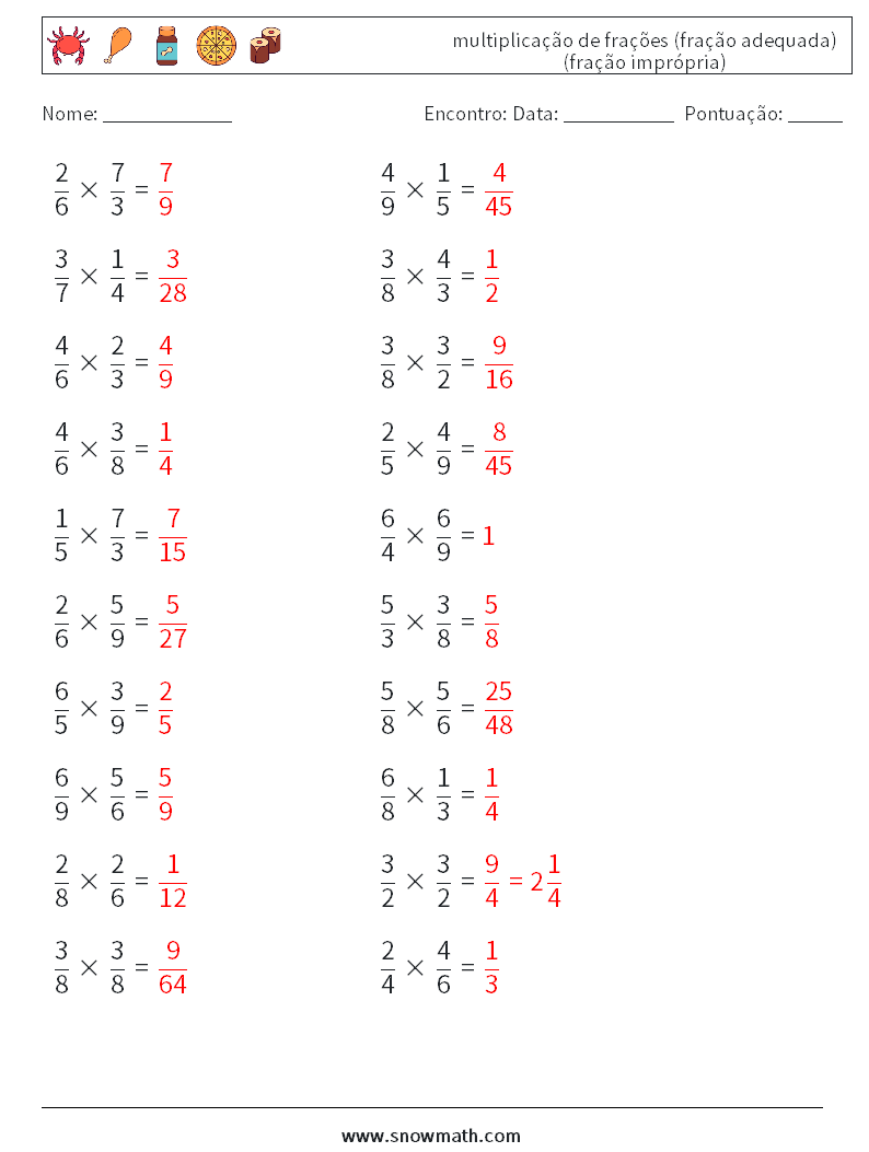 (20) multiplicação de frações (fração adequada) (fração imprópria) planilhas matemáticas 14 Pergunta, Resposta