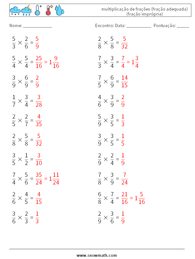 (20) multiplicação de frações (fração adequada) (fração imprópria) planilhas matemáticas 15 Pergunta, Resposta