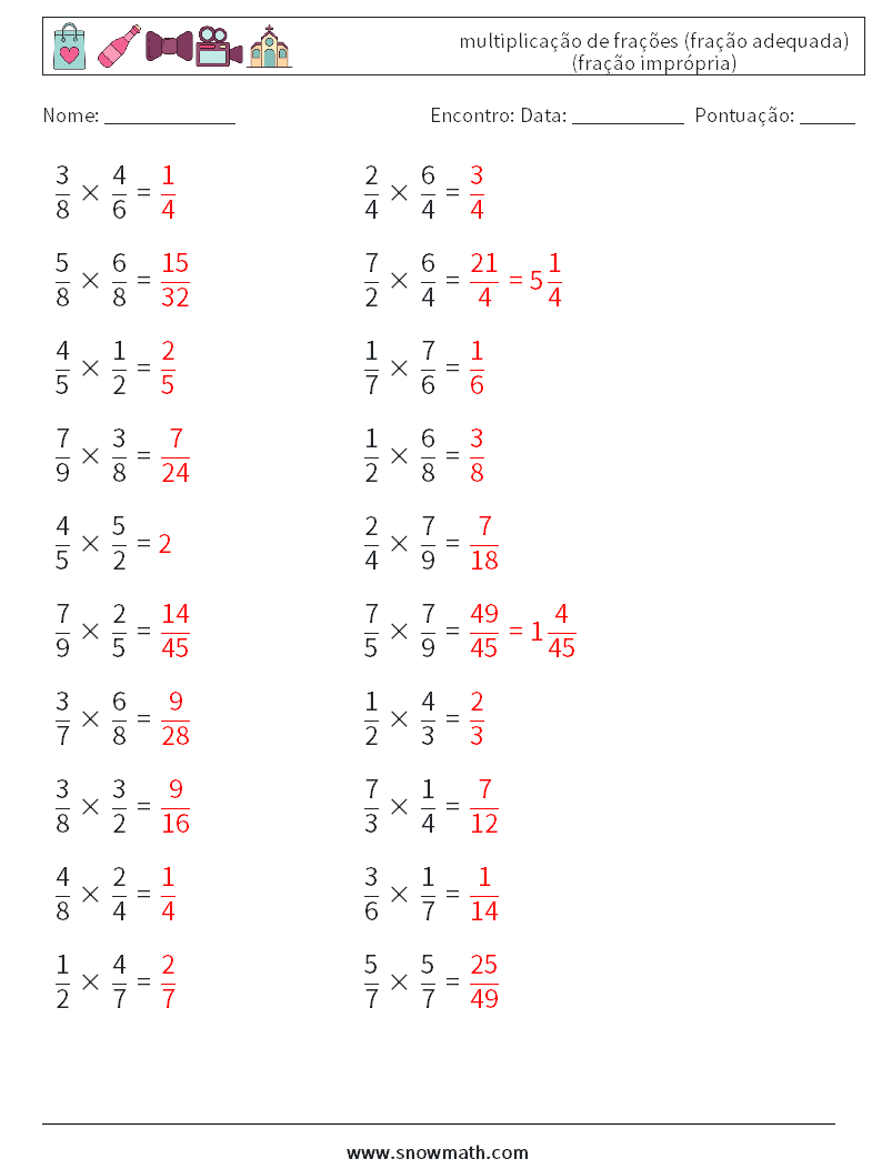 (20) multiplicação de frações (fração adequada) (fração imprópria) planilhas matemáticas 16 Pergunta, Resposta