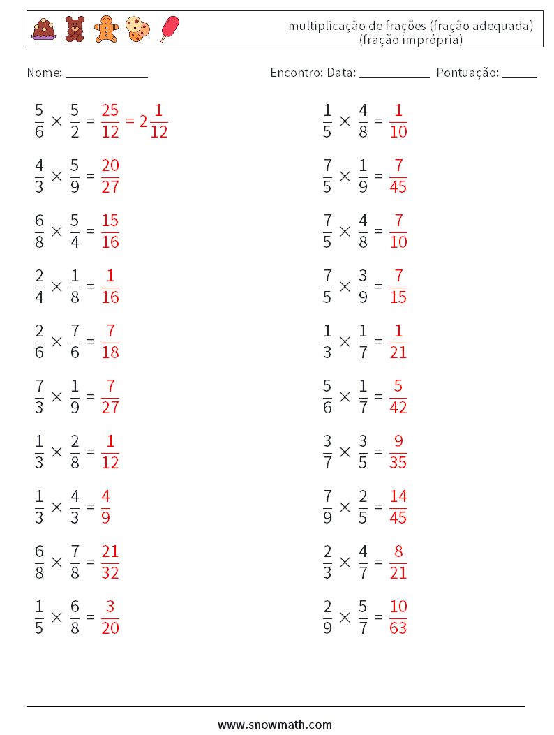 (20) multiplicação de frações (fração adequada) (fração imprópria) planilhas matemáticas 17 Pergunta, Resposta