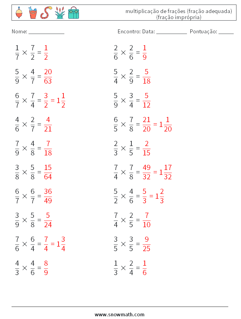 (20) multiplicação de frações (fração adequada) (fração imprópria) planilhas matemáticas 18 Pergunta, Resposta