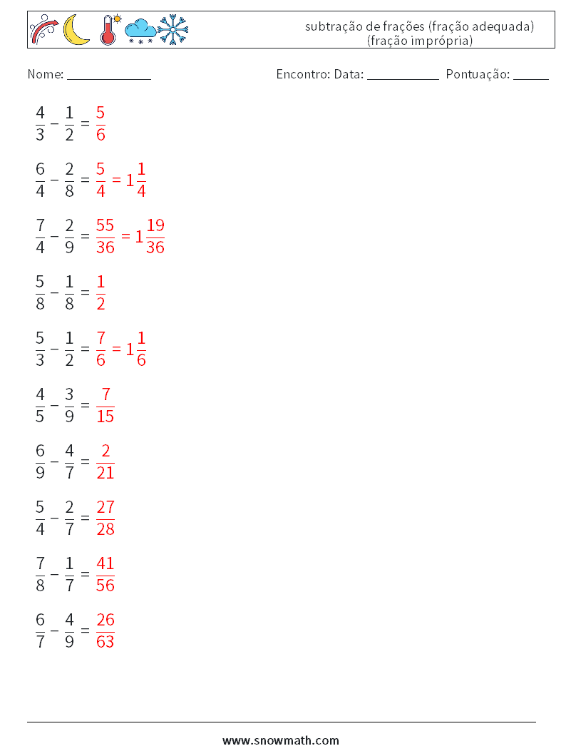 (10) subtração de frações (fração adequada) (fração imprópria) planilhas matemáticas 13 Pergunta, Resposta