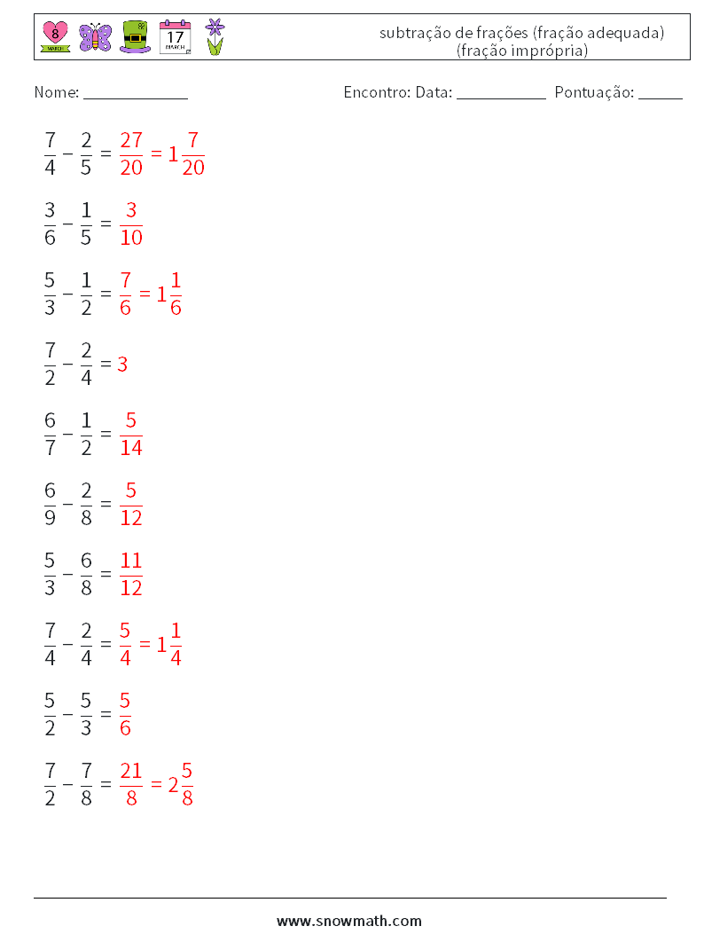 (10) subtração de frações (fração adequada) (fração imprópria) planilhas matemáticas 17 Pergunta, Resposta