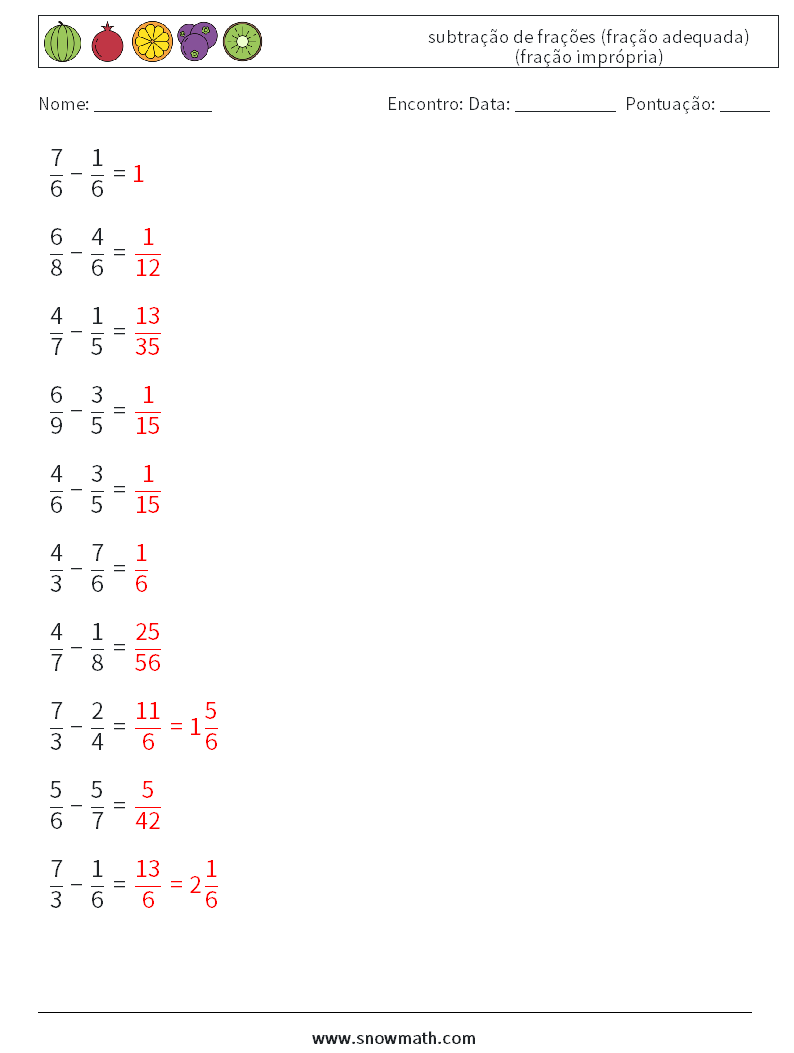 (10) subtração de frações (fração adequada) (fração imprópria) planilhas matemáticas 2 Pergunta, Resposta