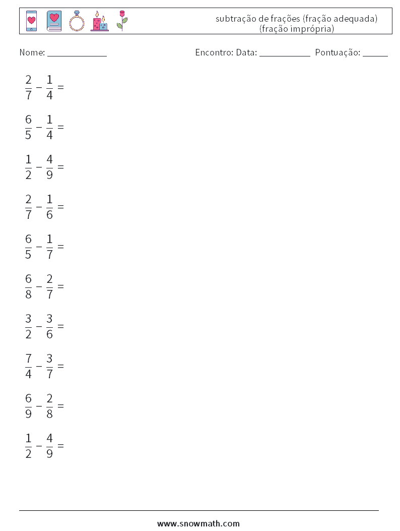 (10) subtração de frações (fração adequada) (fração imprópria) planilhas matemáticas 4