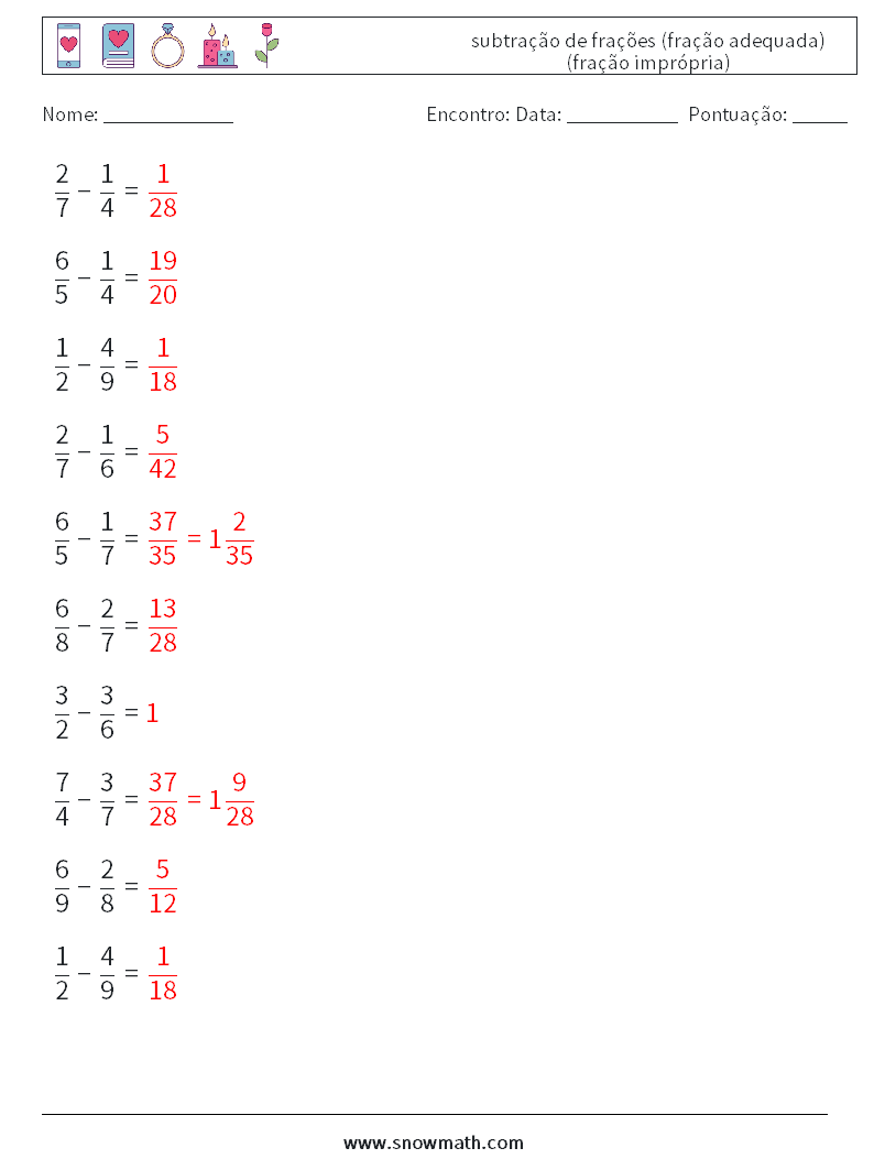 (10) subtração de frações (fração adequada) (fração imprópria) planilhas matemáticas 4 Pergunta, Resposta