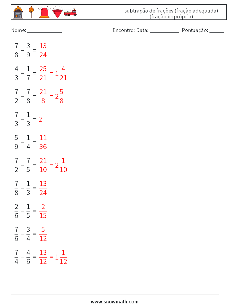 (10) subtração de frações (fração adequada) (fração imprópria) planilhas matemáticas 5 Pergunta, Resposta