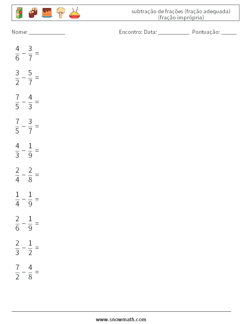 (10) subtração de frações (fração adequada) (fração imprópria) planilhas matemáticas 9