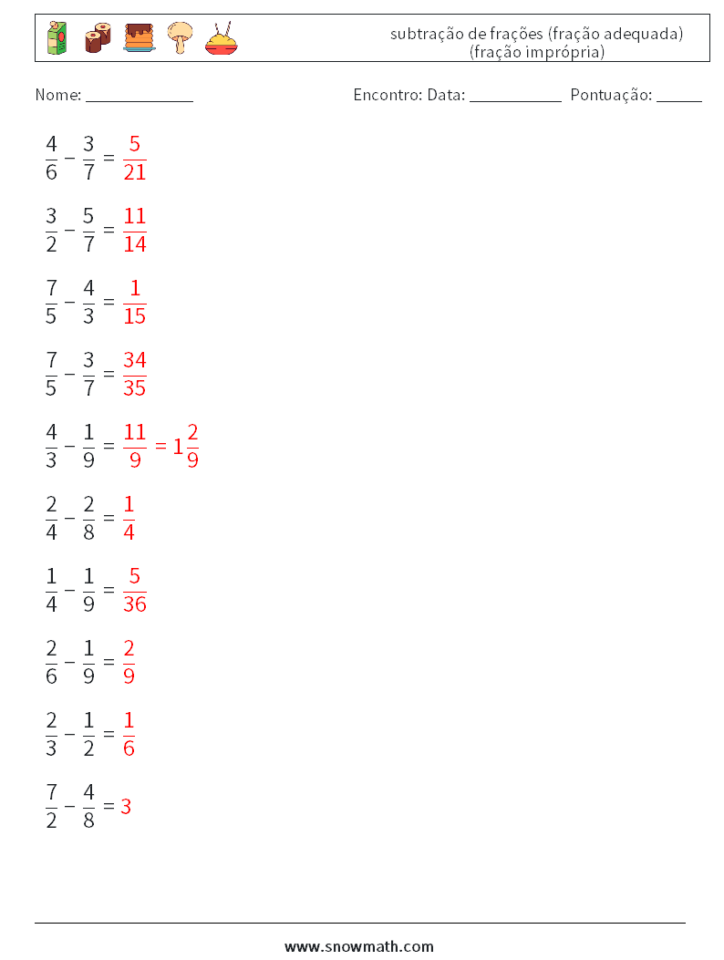 (10) subtração de frações (fração adequada) (fração imprópria) planilhas matemáticas 9 Pergunta, Resposta
