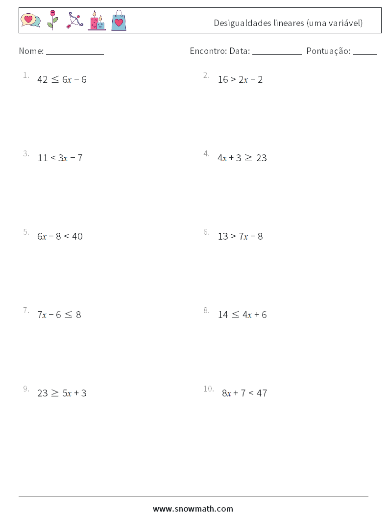 Desigualdades lineares (uma variável) planilhas matemáticas 7