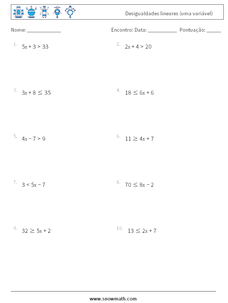 Desigualdades lineares (uma variável) planilhas matemáticas 8