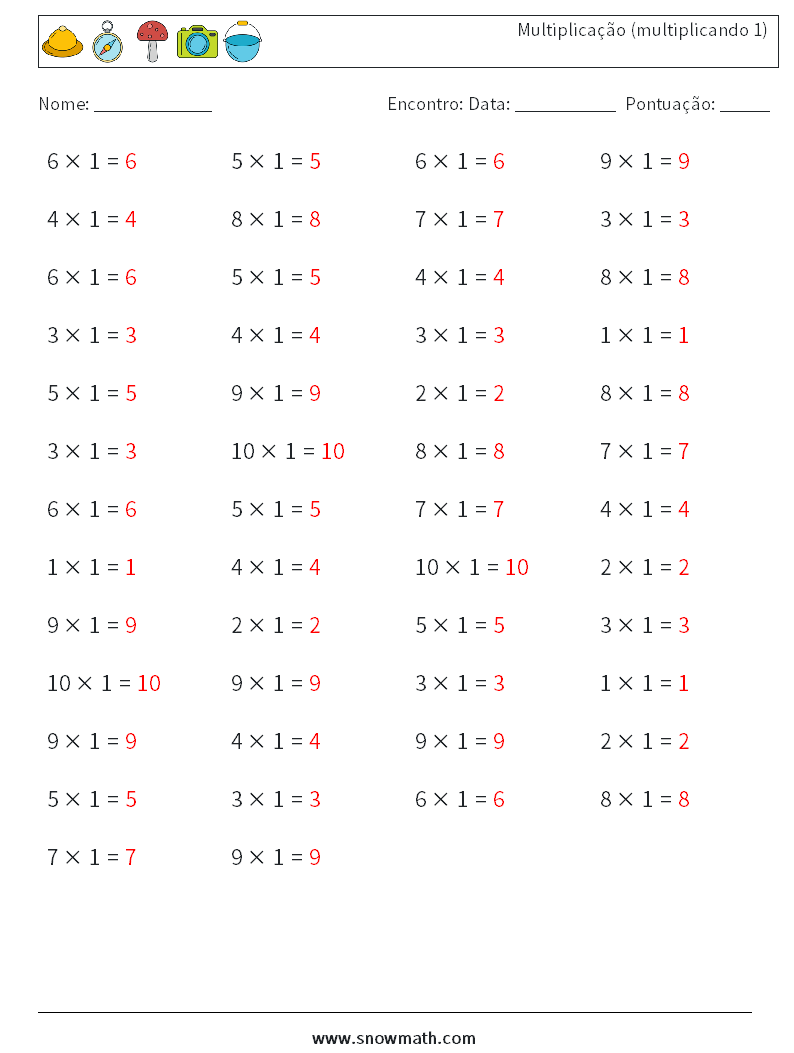 (50) Multiplicação (multiplicando 1) planilhas matemáticas 1 Pergunta, Resposta