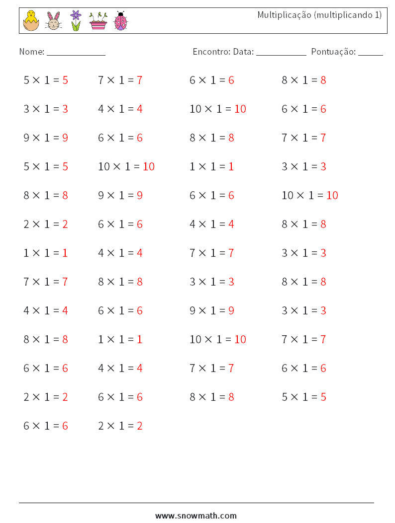 (50) Multiplicação (multiplicando 1) planilhas matemáticas 2 Pergunta, Resposta
