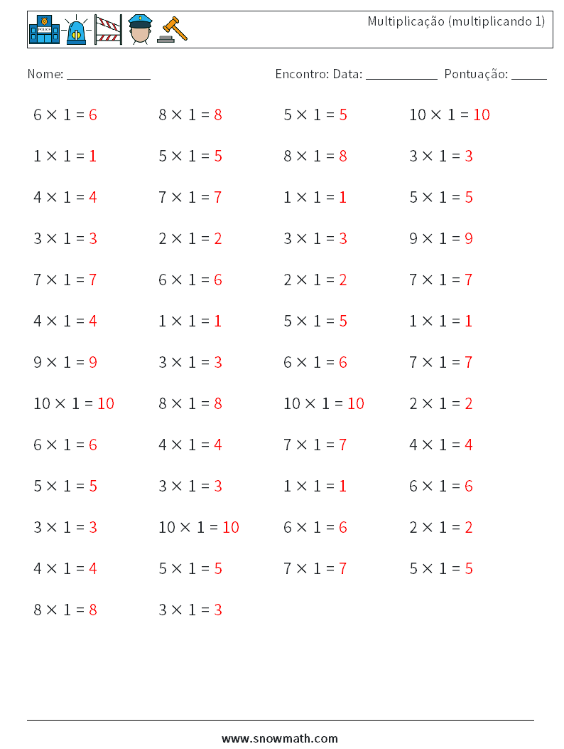 (50) Multiplicação (multiplicando 1) planilhas matemáticas 3 Pergunta, Resposta