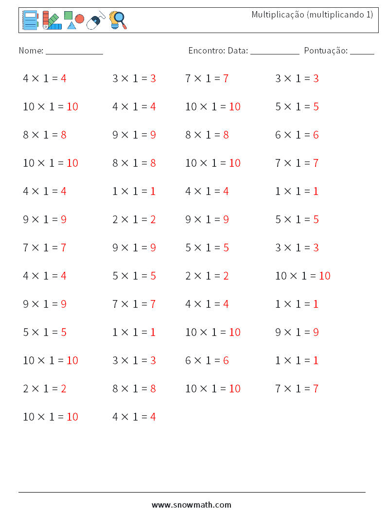 (50) Multiplicação (multiplicando 1) planilhas matemáticas 4 Pergunta, Resposta