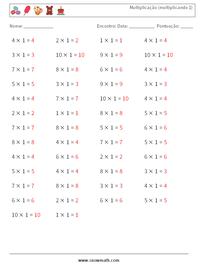 (50) Multiplicação (multiplicando 1) planilhas matemáticas 5 Pergunta, Resposta