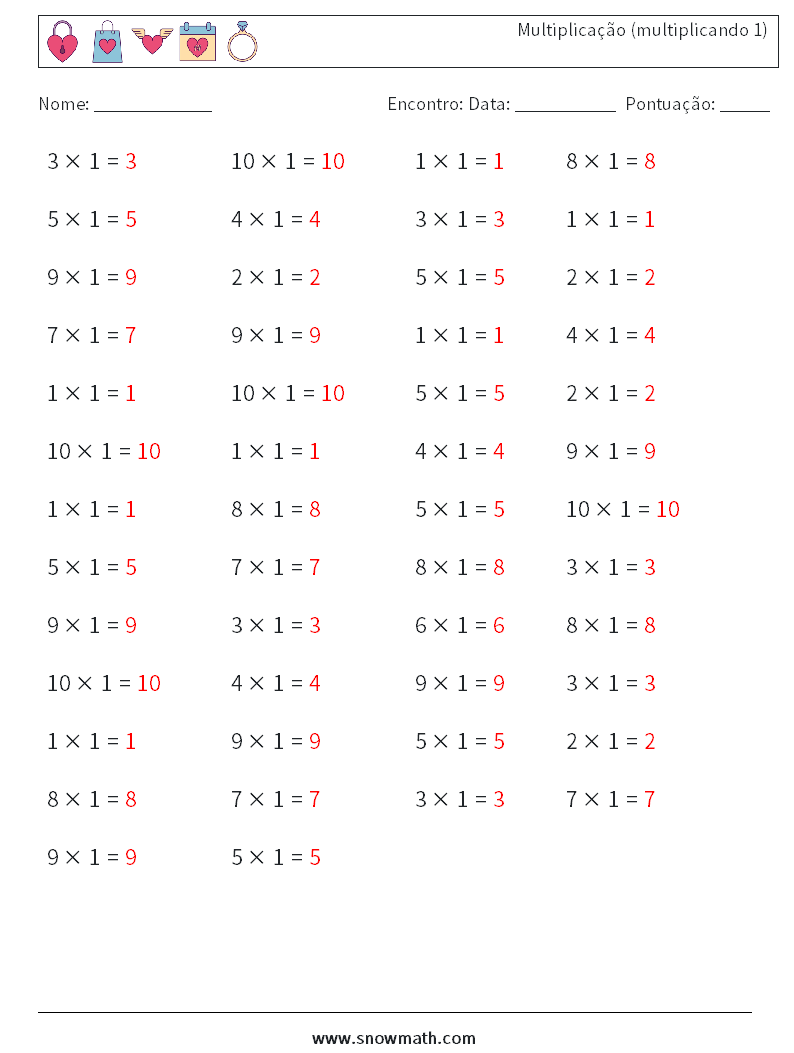 (50) Multiplicação (multiplicando 1) planilhas matemáticas 6 Pergunta, Resposta