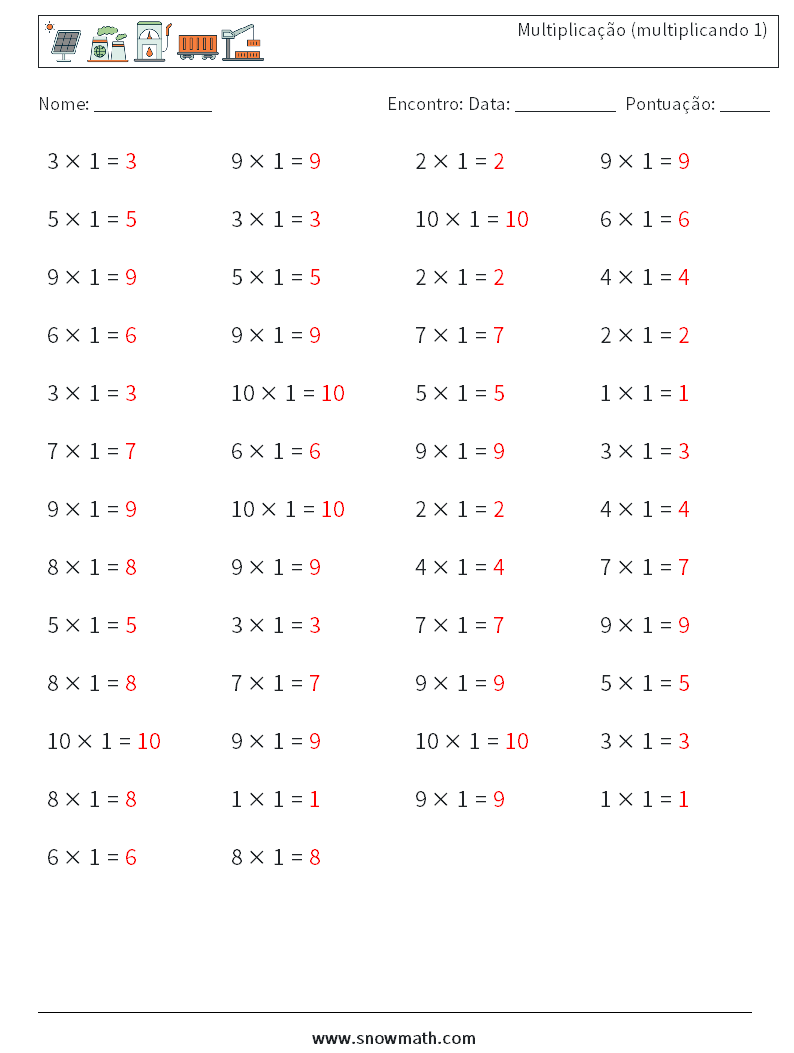 (50) Multiplicação (multiplicando 1) planilhas matemáticas 7 Pergunta, Resposta