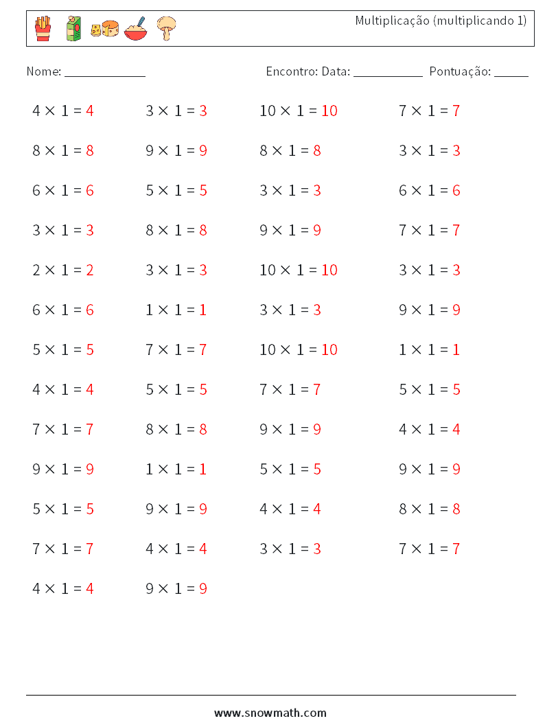 (50) Multiplicação (multiplicando 1) planilhas matemáticas 8 Pergunta, Resposta