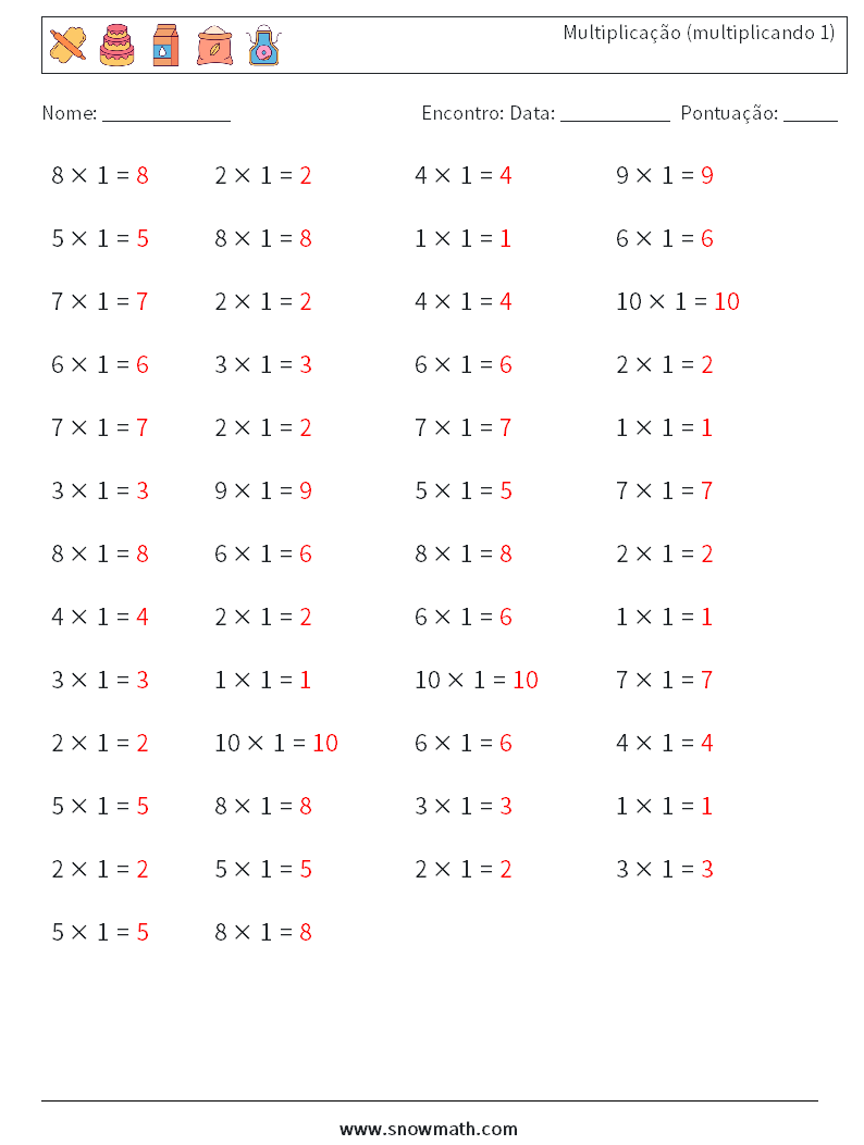 (50) Multiplicação (multiplicando 1) planilhas matemáticas 9 Pergunta, Resposta