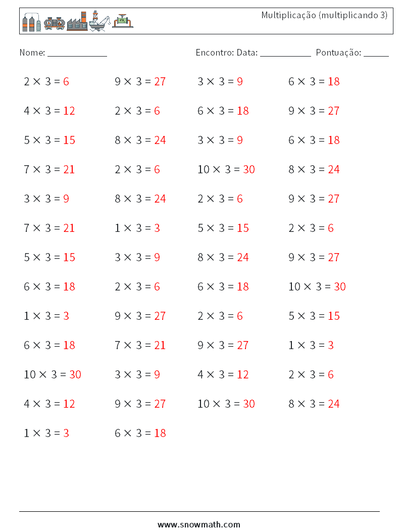 (50) Multiplicação (multiplicando 3) planilhas matemáticas 3 Pergunta, Resposta