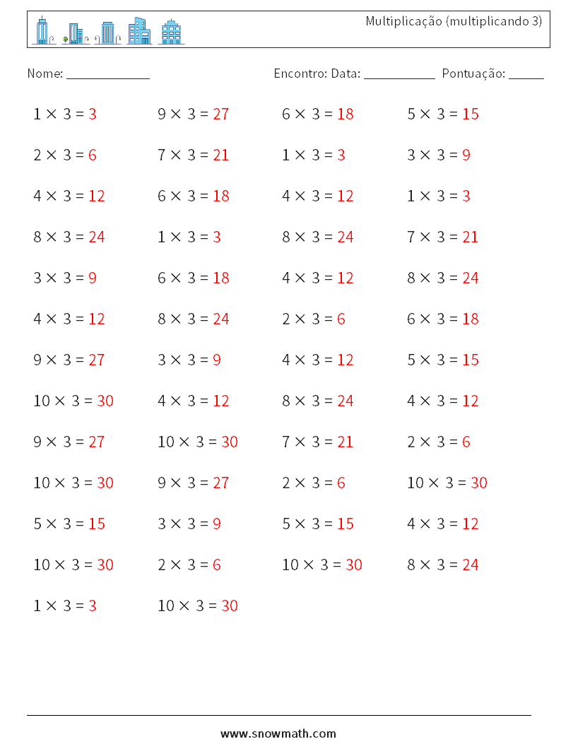 (50) Multiplicação (multiplicando 3) planilhas matemáticas 8 Pergunta, Resposta