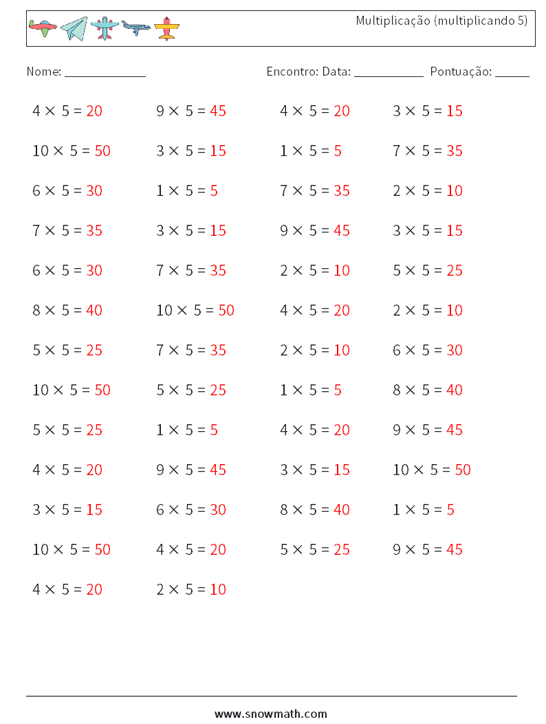 (50) Multiplicação (multiplicando 5) planilhas matemáticas 1 Pergunta, Resposta
