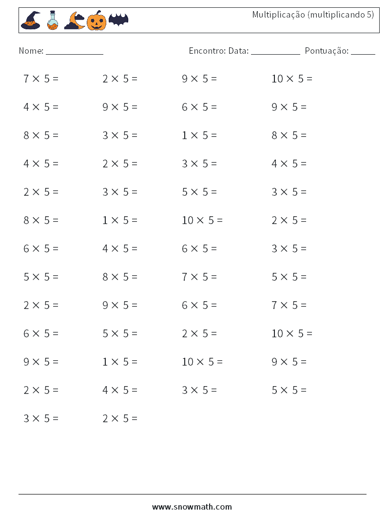 (50) Multiplicação (multiplicando 5) planilhas matemáticas 2