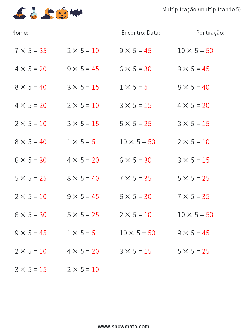 (50) Multiplicação (multiplicando 5) planilhas matemáticas 2 Pergunta, Resposta