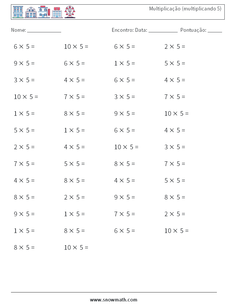 (50) Multiplicação (multiplicando 5) planilhas matemáticas 4