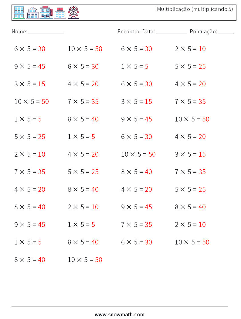 (50) Multiplicação (multiplicando 5) planilhas matemáticas 4 Pergunta, Resposta