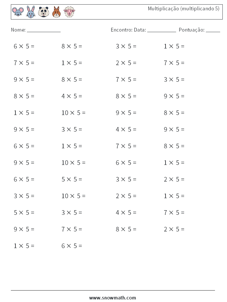 (50) Multiplicação (multiplicando 5) planilhas matemáticas 5