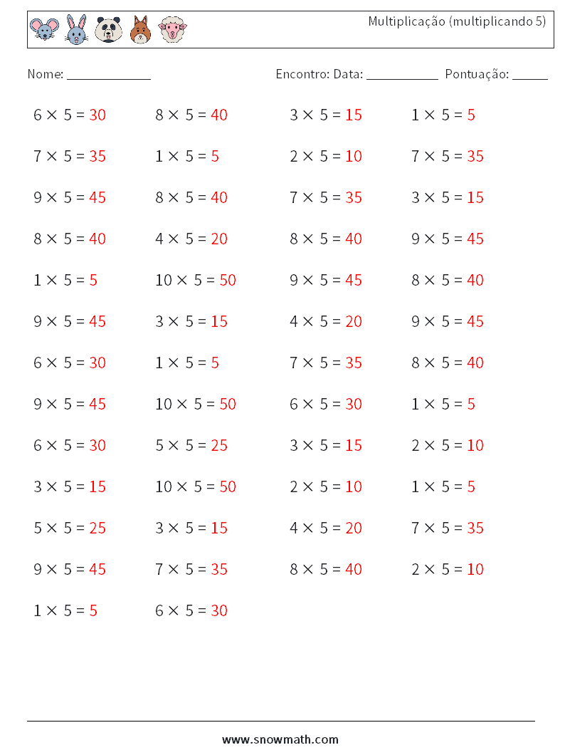 (50) Multiplicação (multiplicando 5) planilhas matemáticas 5 Pergunta, Resposta