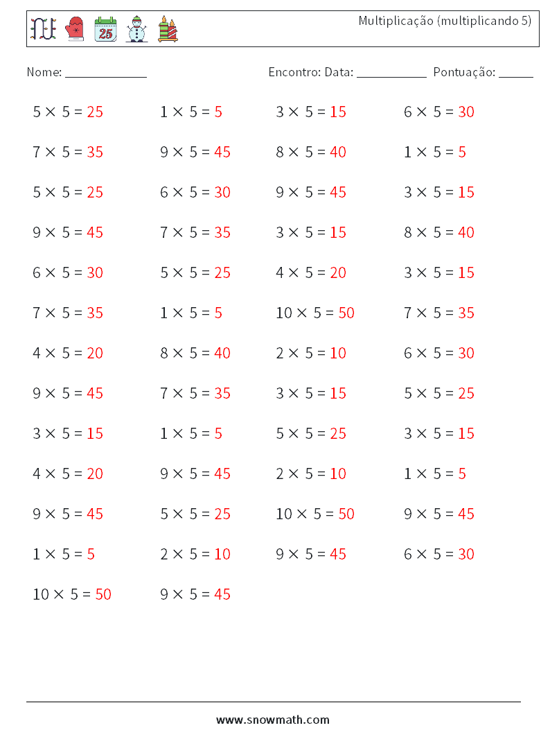 (50) Multiplicação (multiplicando 5) planilhas matemáticas 7 Pergunta, Resposta
