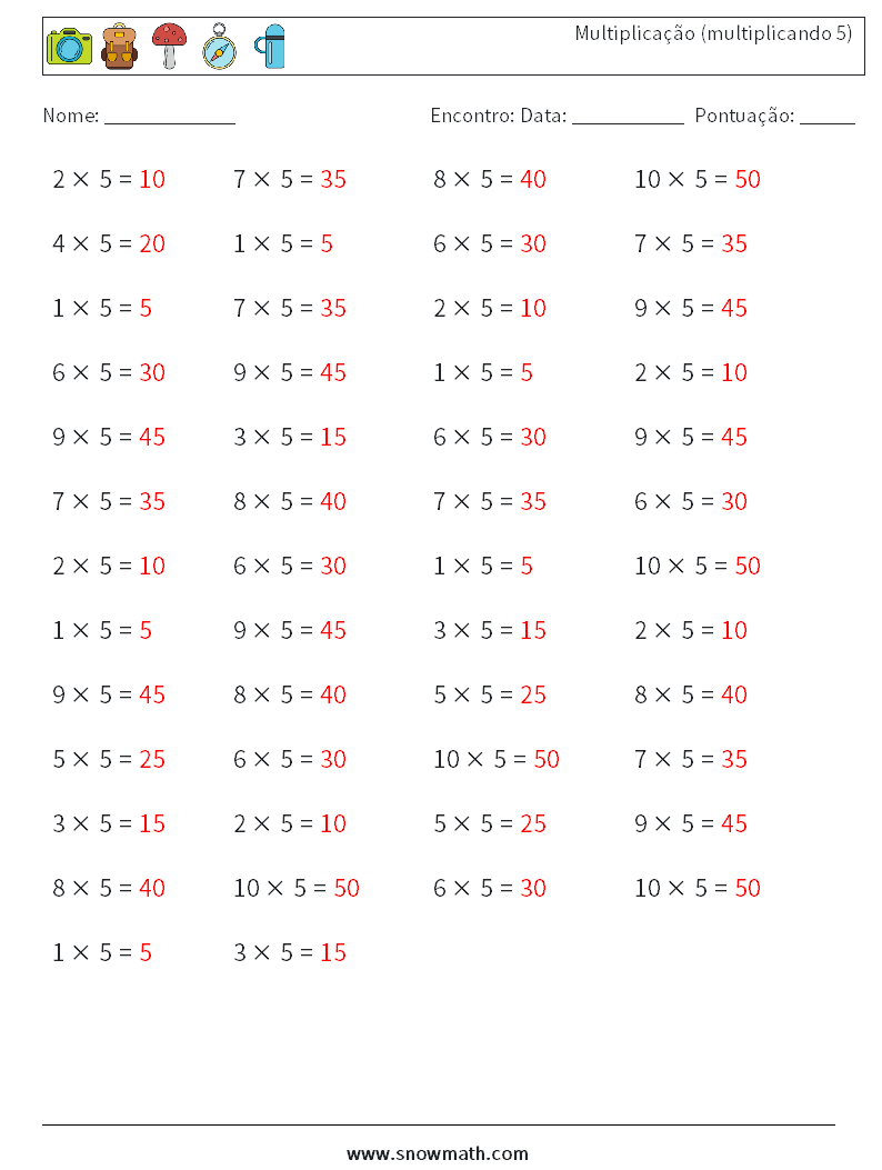(50) Multiplicação (multiplicando 5) planilhas matemáticas 8 Pergunta, Resposta