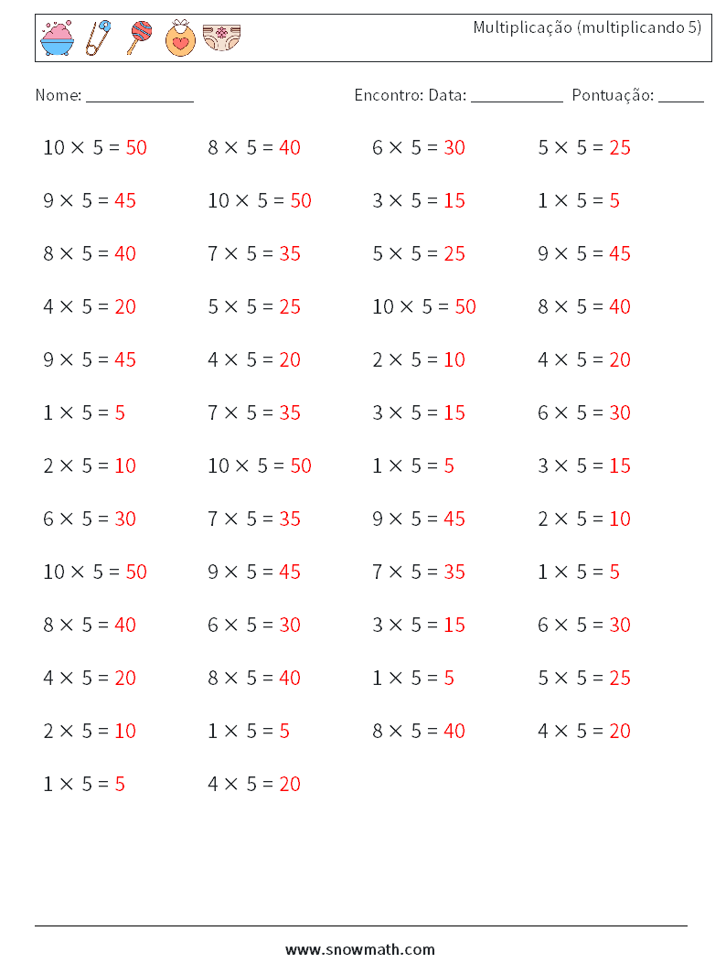 (50) Multiplicação (multiplicando 5) planilhas matemáticas 9 Pergunta, Resposta