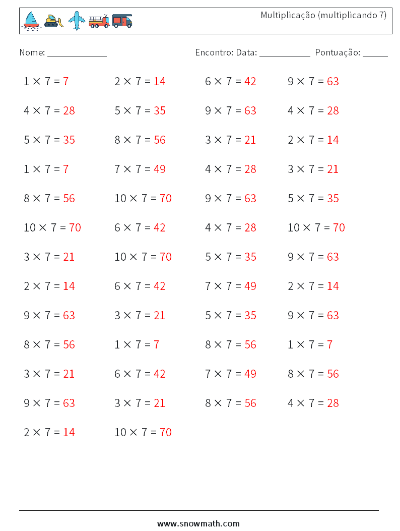 (50) Multiplicação (multiplicando 7) planilhas matemáticas 1 Pergunta, Resposta