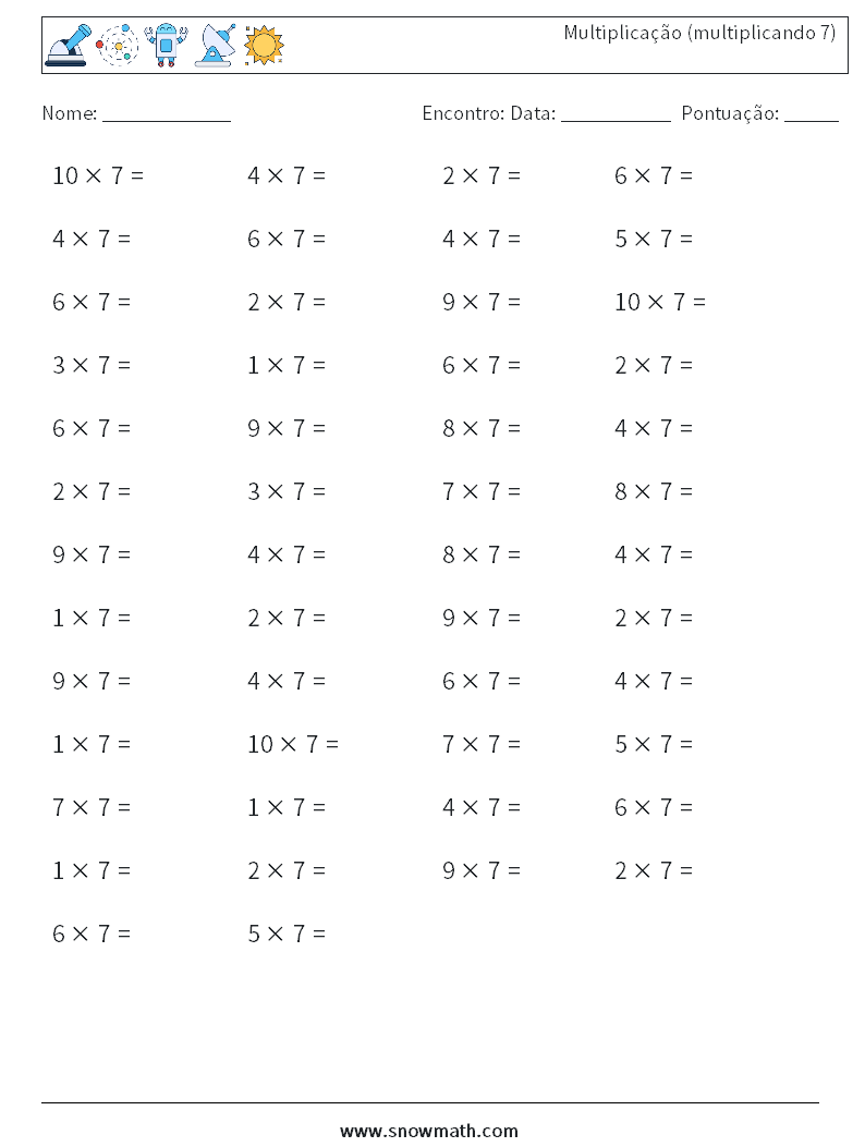 (50) Multiplicação (multiplicando 7) planilhas matemáticas 3