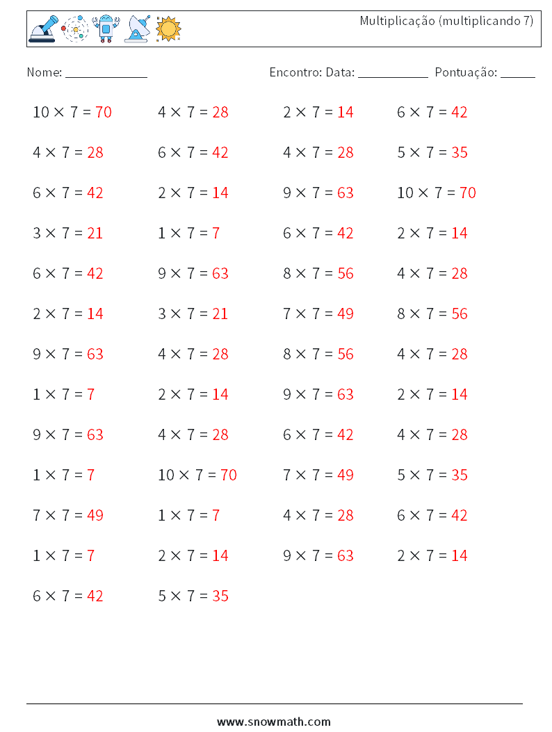 (50) Multiplicação (multiplicando 7) planilhas matemáticas 3 Pergunta, Resposta