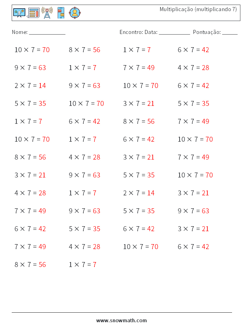 (50) Multiplicação (multiplicando 7) planilhas matemáticas 4 Pergunta, Resposta