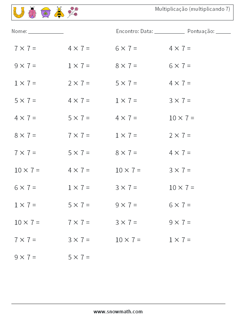 (50) Multiplicação (multiplicando 7) planilhas matemáticas 5