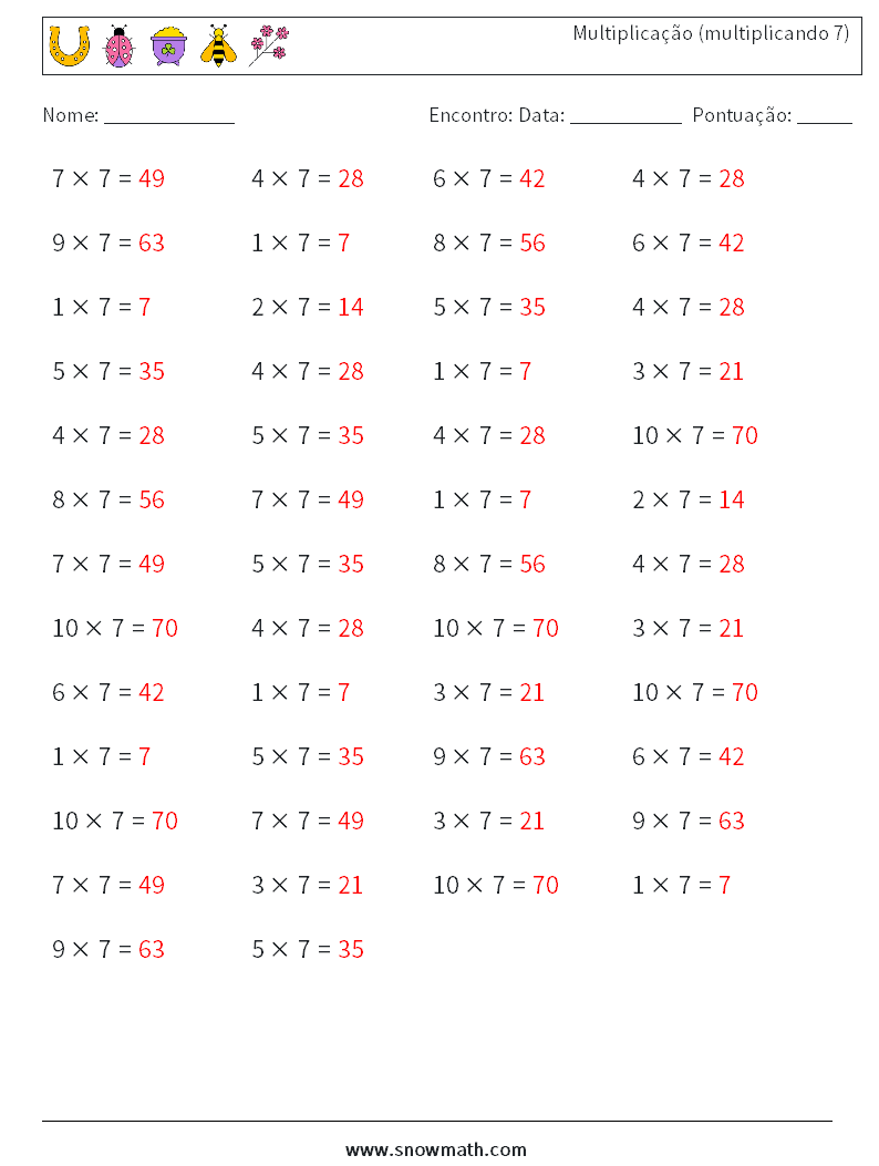 (50) Multiplicação (multiplicando 7) planilhas matemáticas 5 Pergunta, Resposta