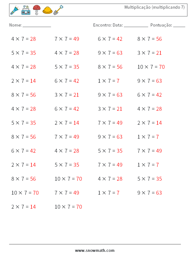(50) Multiplicação (multiplicando 7) planilhas matemáticas 6 Pergunta, Resposta