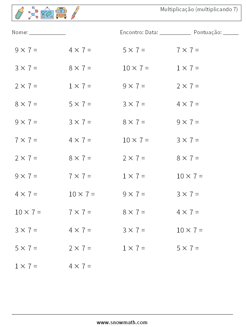 (50) Multiplicação (multiplicando 7) planilhas matemáticas 7
