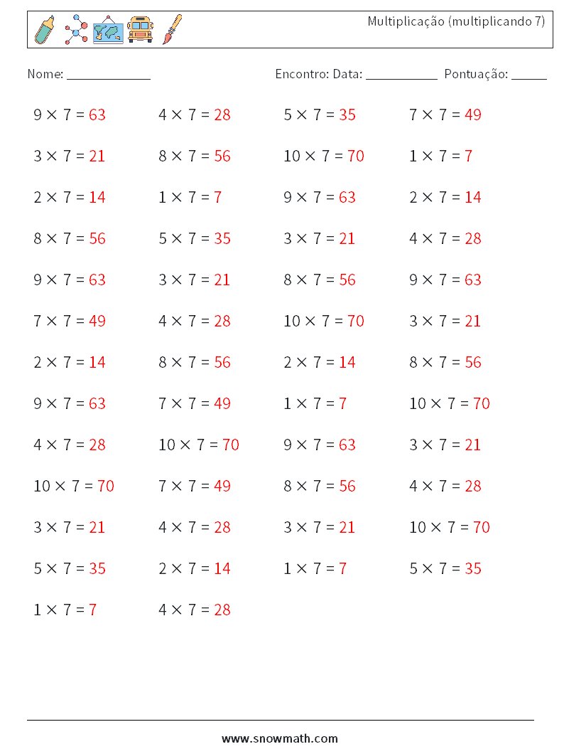 (50) Multiplicação (multiplicando 7) planilhas matemáticas 7 Pergunta, Resposta