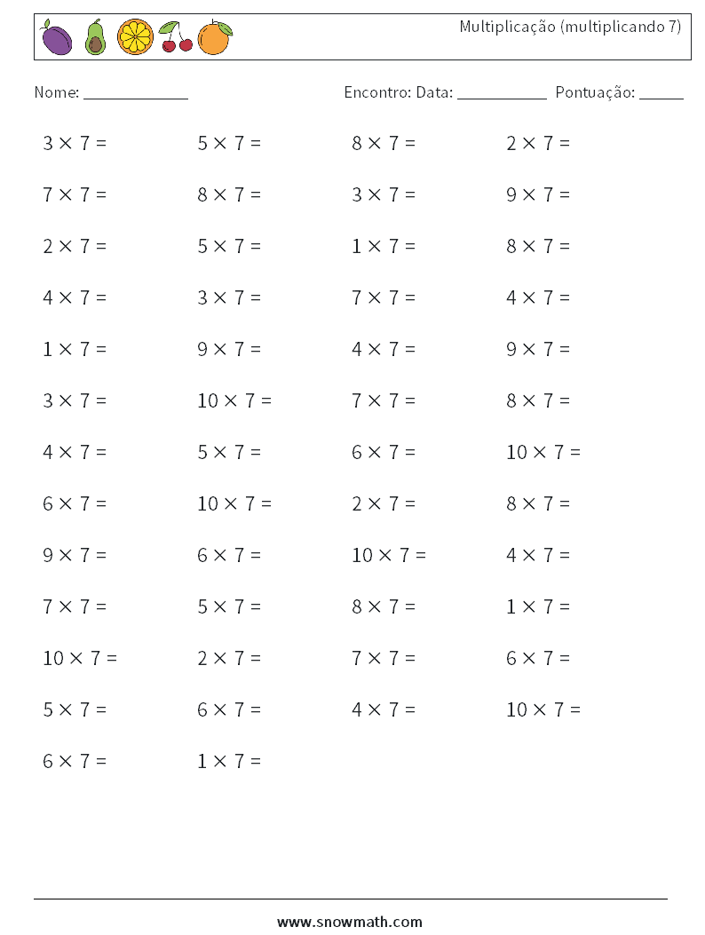 (50) Multiplicação (multiplicando 7) planilhas matemáticas 8